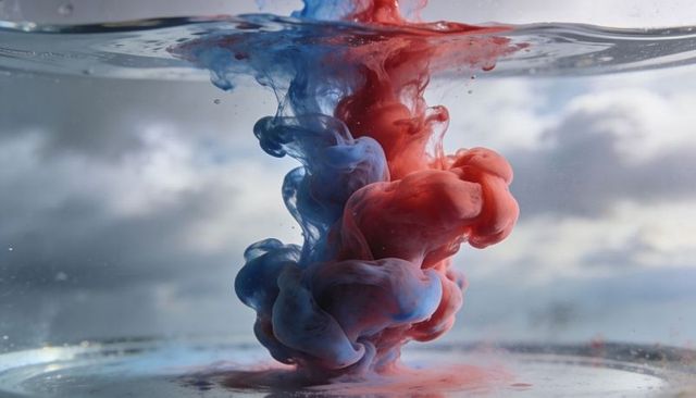 Red and blue dye plumes mixing underwater, abstract liquid smoke, cloudy background, high-res