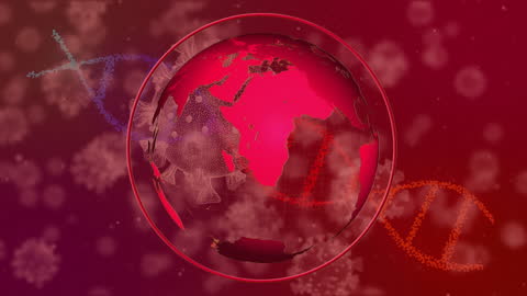 Rotating Red Globe with DNA and Cells Illustrating Global Health