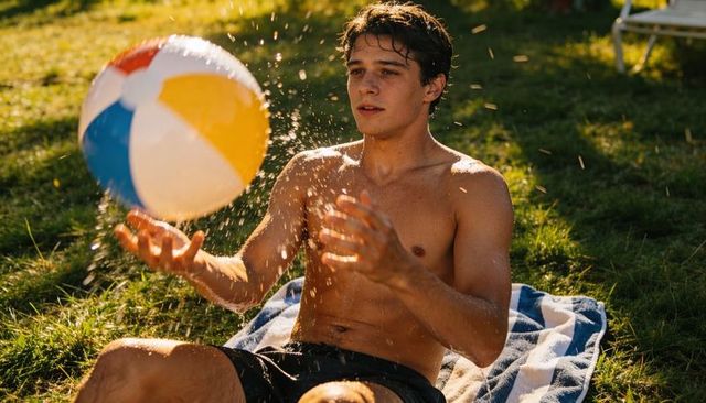 Shirtless young man tossing colorful beach ball, catching water drops on sunny lawn