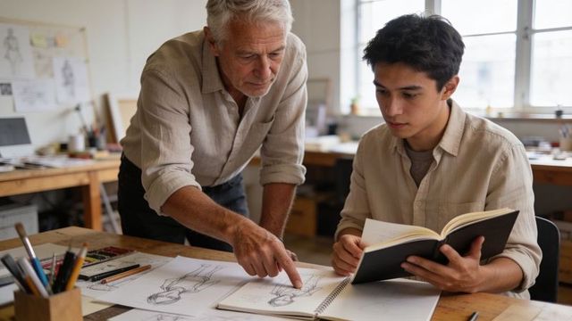 Senior mentor guiding young artist through portrait sketch critique in bright studio