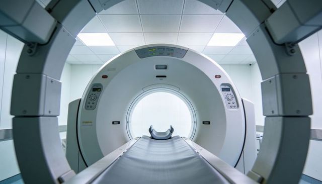 Ct scanner gantry rotating table entering bore in sterile radiology room for diagnostic imaging