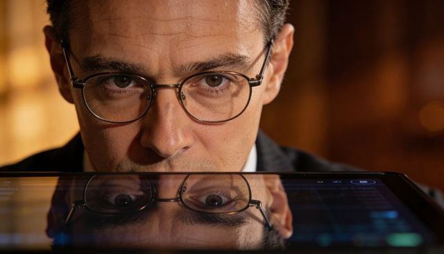 Businessman peering at glossy tablet reflecting focused face and glasses in warm light