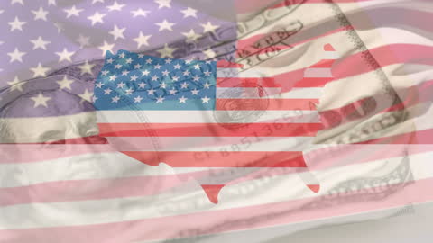 Waving US Flag in Overlay on Money and Map in Slow Motion