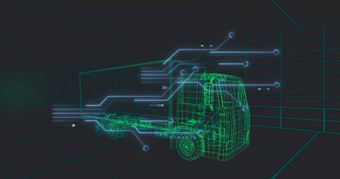 Neon wireframe truck rotating in virtual garage with hud data streams and diagnostics