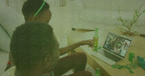 Couple Having Video Call with Friends for St Patrick's Day Celebration