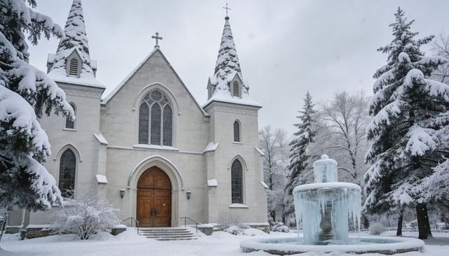 Gothic stone church with twin spires and frozen fountain in snow-covered churchyard