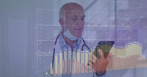 Senior Doctor Reviewing Data with Smartphone in Futuristic Healthcare Setting