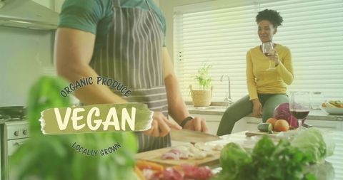 Diverse Couple Cooking Fresh Vegan Meals Together