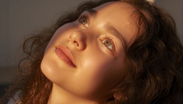 Adolescent girl basking in golden hour light, curly hair glowing, closeup hopeful portrait