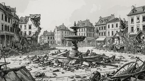 Historical earthquake ruins with desolate fountain in abandoned town square