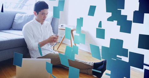 Young Man Multitasking Digital Technology Concept