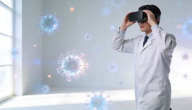 Doctor using vr headset exploring holographic virus simulation in sunlit lab