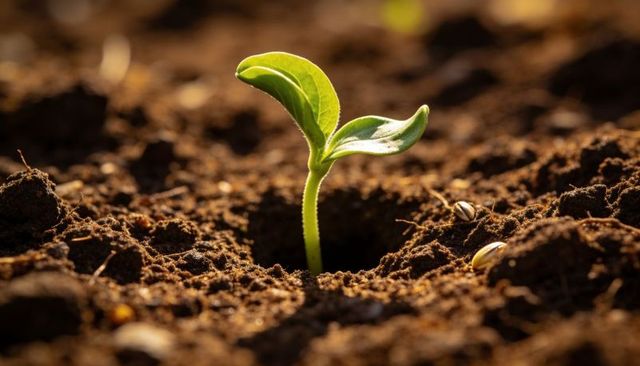 Green Seedling Emerging from Soil with Cotyledons and Seed Husks in Warm Morning Light