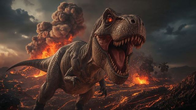 Terrifying tyrannosaurus rex amidst volcanic chaos