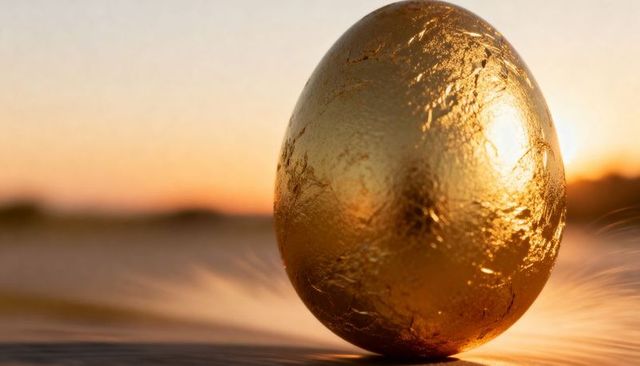 Gleaming golden egg catching warm sunset light with wispy feather and metallic texture