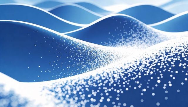 Azure Waveforms Rolling Across Digital Surface Covered in White Particle Bokeh