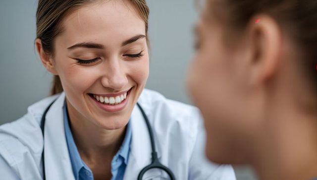Female doctor smiling and listening during patient consultation with stethoscope