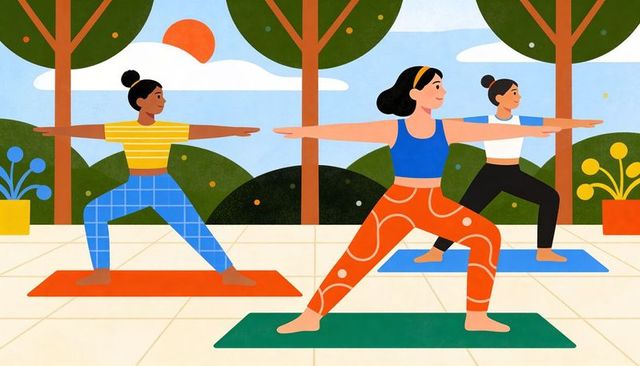 Outdoor group yoga class practicing warrior pose on terrace with bright athletic apparel