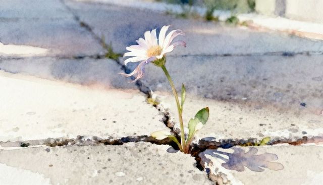 Daisy growing through sidewalk crack, resilient wildflower emerging from pavement