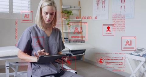 Nurse using tablet with augmented reality in therapy room