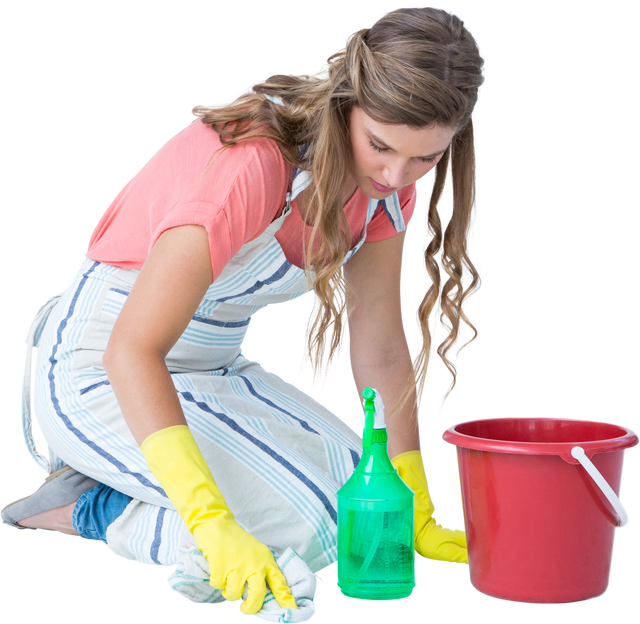 Young Woman Cleaning Floor with Yellow Gloves On Isolated on Transparent Background - Download Free Stock Videos Pikwizard.com