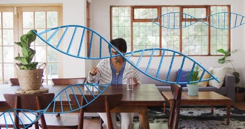 Senior woman taking medicine with dna helix overlay