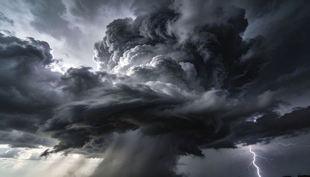 Towering rotating cumulonimbus unleashing lightning, rain shaft and anvil over plain