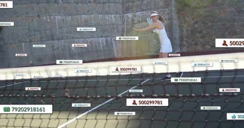 Tennis player swinging racket on sunny court with analytics overlays and net foreground