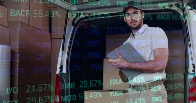 Man Loading Van with Boxes and Digital Stock Market Data Overlay - Download Free Stock Images Pikwizard.com