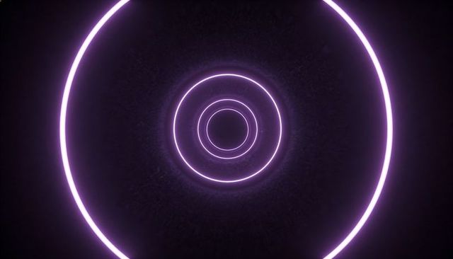 Glowing purple concentric rings forming tunnel effect minimalist neon halo grain