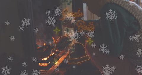 Christmas Festivity with Boy Lighting Fireplace and Jingle Bells