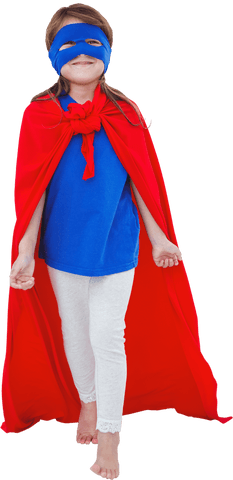 Joyful superhero girl with mask and cape transparent background