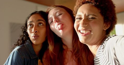 Joyful Diverse Friends Posing for Selfie in Living Room