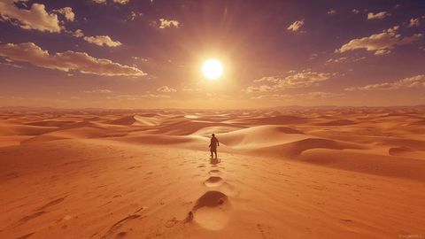 Lone traveler walking across vast desert dunes at sunset