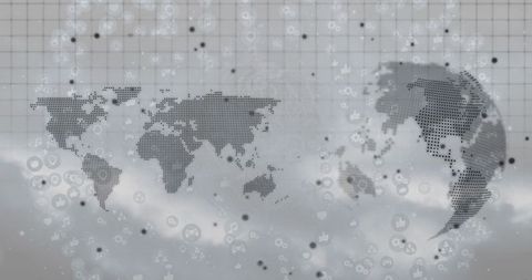 Futuristic dotted world map with digital icons in misty background