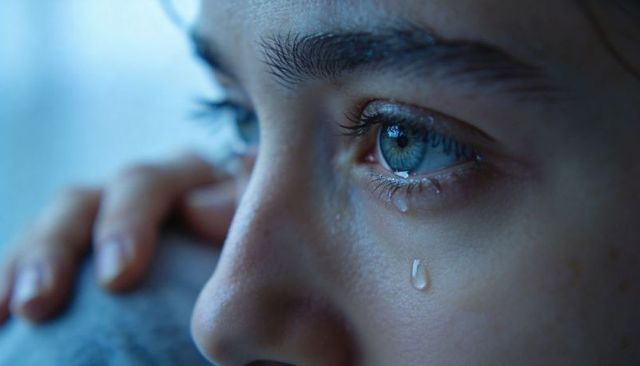 Crying teenage girl pressing face to gray fabric with blue eye and single teardrop closeup