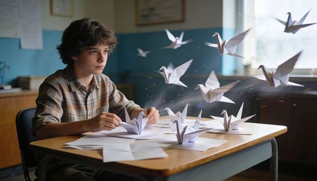Teen crafting floating origami cranes at classroom desk, sparking imaginative creativity