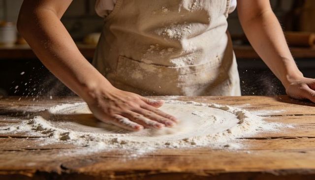 Smoothing flour ring on rustic wooden worktable preparing dough for artisan bread