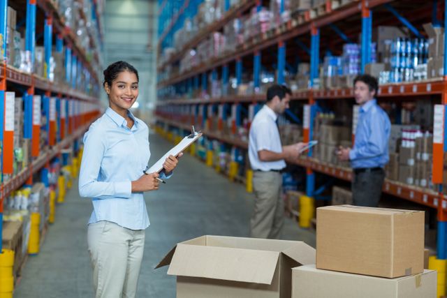 Female warehouse worker holding clipboard, standing in large distribution center with shelves and boxes. Ideal for illustrating concepts related to logistics, inventory management, supply chain operations, and teamwork in industrial settings.