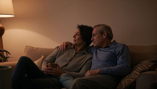 Middle-aged couple cuddling on sofa at home holding mug, cozy intimate evening moment