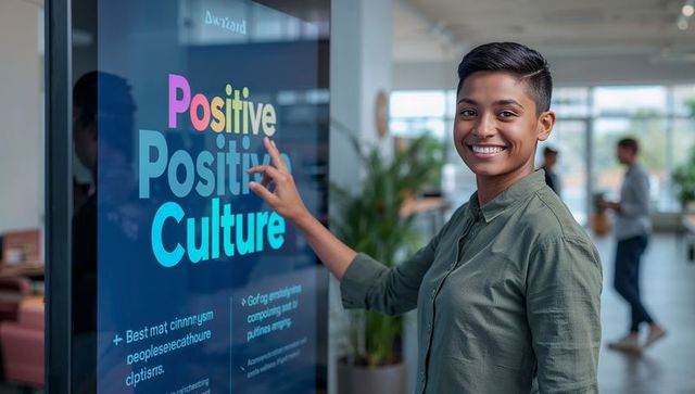 Smiling professional touching touchscreen with positive culture message in modern coworking office