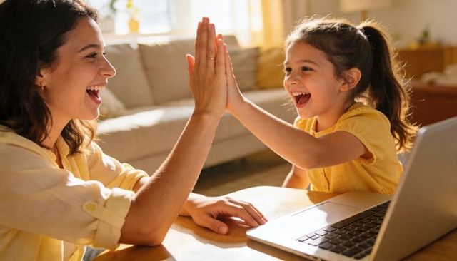 Mother and daughter high-fiving over laptop in sunlit living room celebrating learning