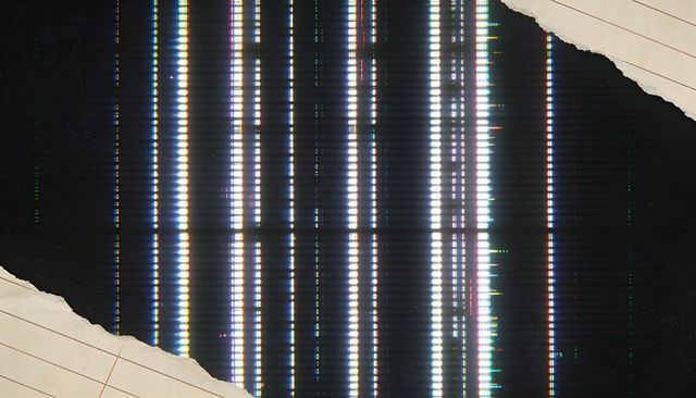Vertical led glitch stripes creating retro scanline distortion over torn lined paper