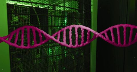 pink dna strand overlaying high-tech server room ventilation - Download Free Stock Images Pikwizard.com