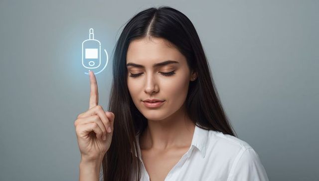 Young woman pointing to glucometer hologram concept for diabetes monitoring and wellness