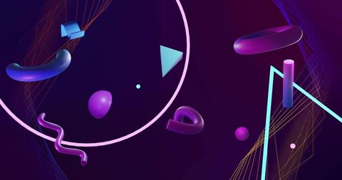Floating neon geometric shapes with glossy torus and curved tubes on dark purple gradient