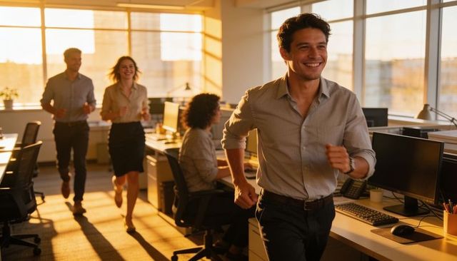 Young professional walking confidently through sunlit open-plan office at golden hour