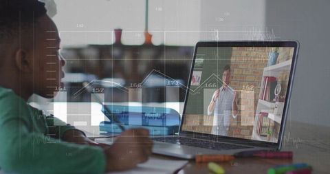 Child studying at home with laptop tutor on screen, remote learning and homework focus