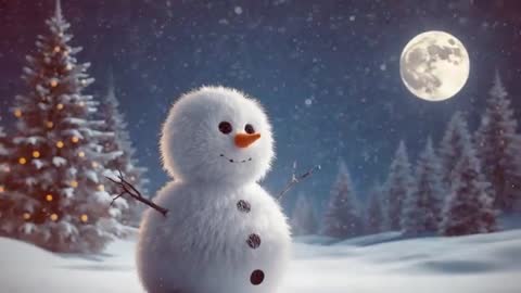 Snowman Surrounded by Moonlit Forest in Tranquil Winter Night Scene