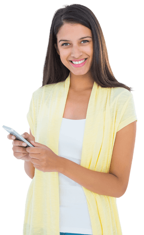 Transparent Smiling Woman Texting on Smartphone in Yellow Outfit